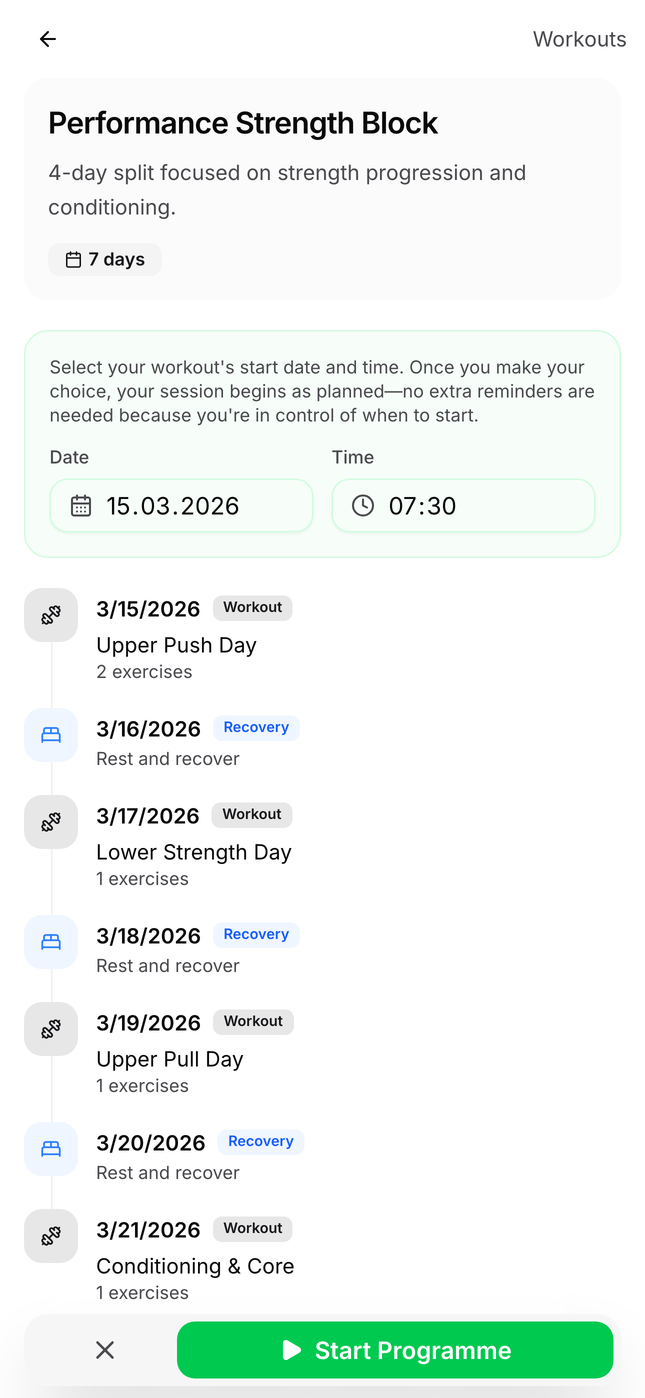 Personalized workout plans are delivered in Telegram